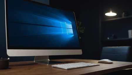 Close up of modern desktop with computer on wooden table in dark roomの素材