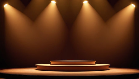 Stage podium with lighting, Stage Podium Scene with for Award Ceremony on brown Background.の素材