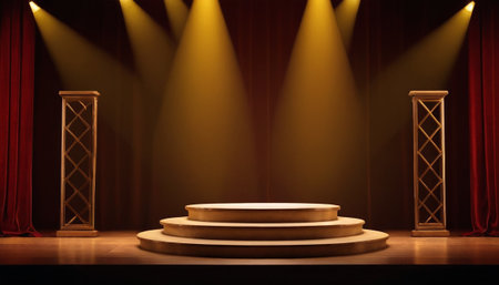 Stage podium with lighting, Stage Podium Scene with for Award Ceremony on red curtain background.の素材