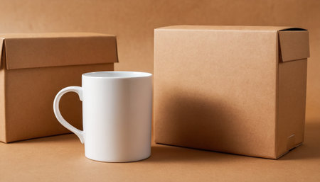Coffee cup and cardboard box on brown background. Delivery service concept.の素材