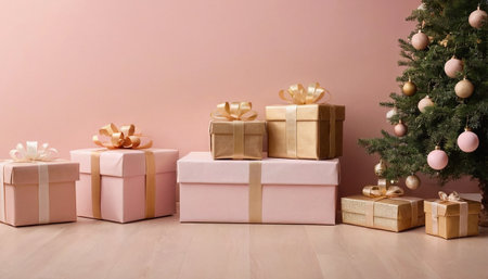 Christmas tree and presents in front of a pink wall with copy spaceの素材