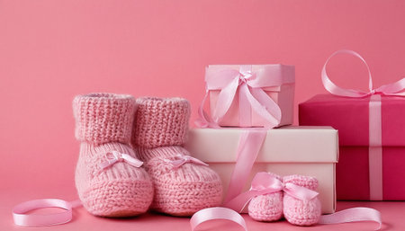 Cute knitted baby booties and gift boxes on pink backgroundの素材