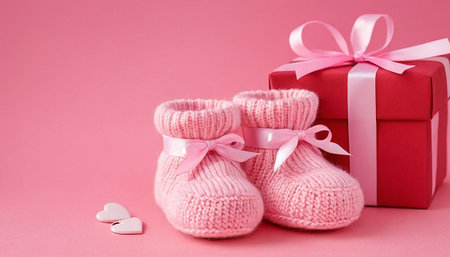 Pink baby booties with gift box and hearts on pink background.の素材