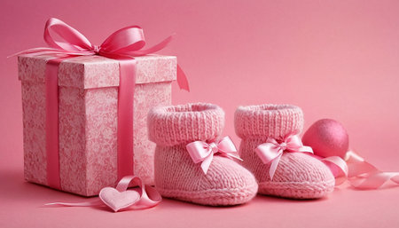 Pink baby booties with pink ribbon and gift box on pink backgroundの素材