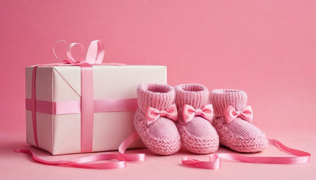 Pink baby booties and gift box with ribbon on pink background.の素材