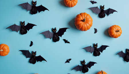 Halloween background with black bats and pumpkins on blue background. Flat lay, top viewの素材
