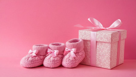 Pink baby booties with gift box on pink background. Copy space.の素材