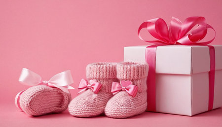 Pink knitted baby booties with gift box on pink background.の素材
