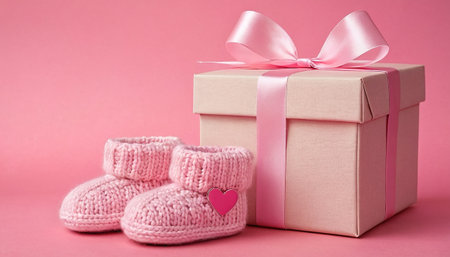 Cute baby booties and gift box on pink background, closeupの素材