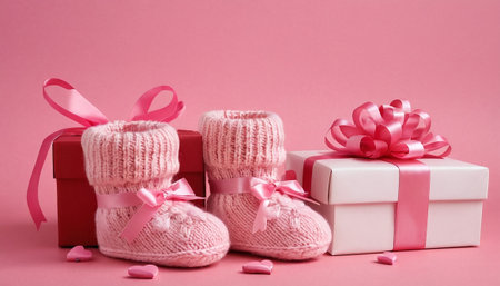 pink knitted baby booties with gift boxes on pink backgroundの素材