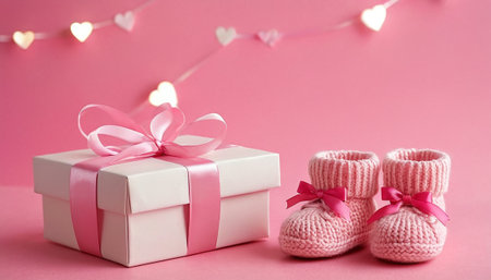 Cute booties and gift box on pink background, closeupの素材