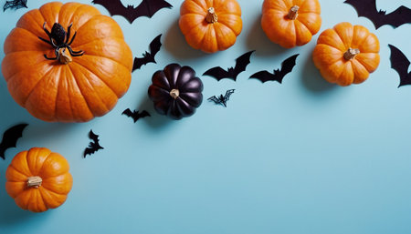 Halloween background with pumpkins, bats and spiders on blue backgroundの素材