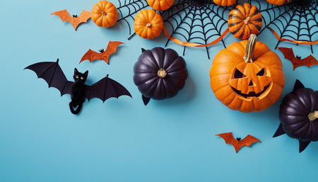 Halloween background with pumpkins, bats and spiders on blue backgroundの素材
