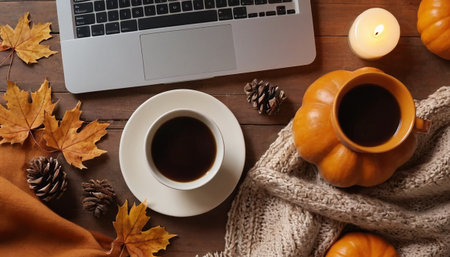 Cup of coffee, pumpkins, scarf and candle on wooden backgroundの素材