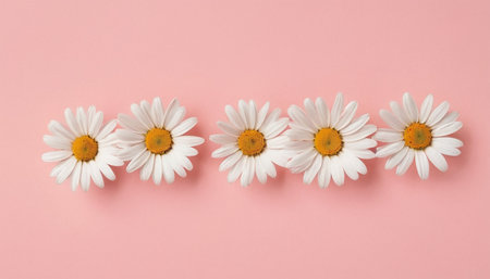 White daisies on pink background. Flat lay, top view.の素材