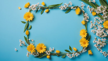 Flowers composition. Frame made of yellow flowers on blue background. Flat lay, top view, copy spaceの素材