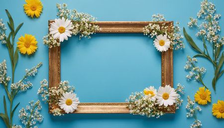 Top view of wooden frame with wildflowers and gypsophila on blue backgroundの素材