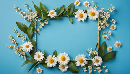 Flowers composition. Frame made of daisies on blue background. Flat lay, top view, copy spaceの素材