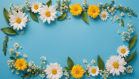 Flowers composition. Frame made of chamomile flowers on blue background. Flat lay, top view, copy spaceの素材