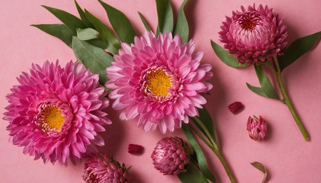 Pink aster flowers on pink background. Flat lay, top view.の素材