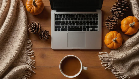 Coffee cup with pumpkins, scarf and laptop on wooden backgroundの素材