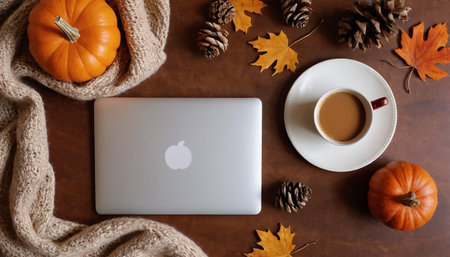 A cup of coffee and a laptop on a brown background with autumn leaves and pumpkinsの素材