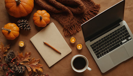 Flat lay composition with laptop, coffee cup, pumpkins and autumn leaves on brown backgroundの素材