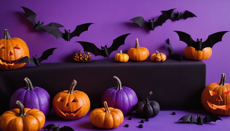 Halloween pumpkins and black bats on purple background. Halloween conceptの素材