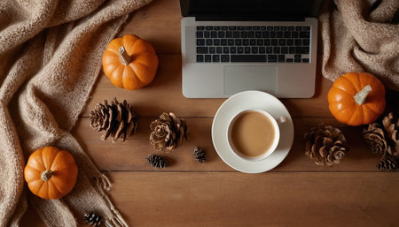 Coffee cup, pumpkins, scarf and laptop on wooden backgroundの素材