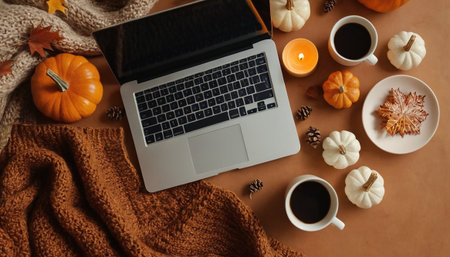 Flat lay composition with laptop, pumpkins, coffee cup, knitted scarf and autumn decor on brown backgroundの素材