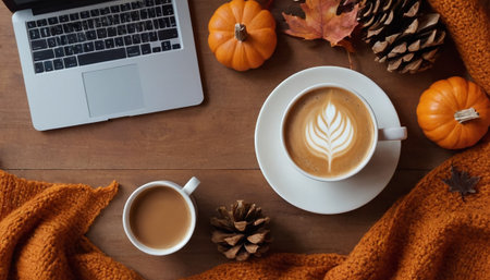 Autumn composition. Cappuccino, pumpkins, warm plaid and laptop on a wooden background.の素材