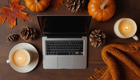 Autumn still life with laptop, pumpkins and candles on wooden backgroundの素材