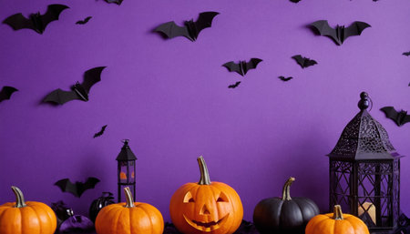 Halloween background with pumpkins, bats and lantern on purple backgroundの素材