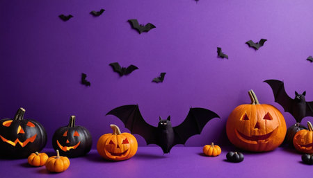 Halloween pumpkins, bats and spiders on purple background, copy spaceの素材