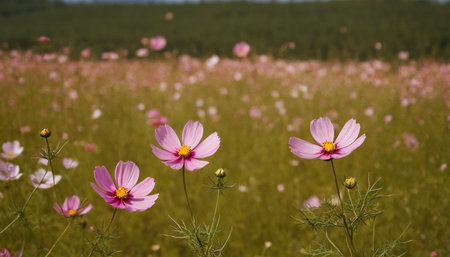Cosmos flowers blooming in the meadow. Beautiful nature background.の素材