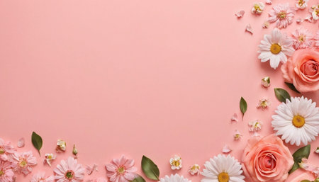 Flowers composition. Frame made of flowers on pink background. Flat lay, top view, copy spaceの素材