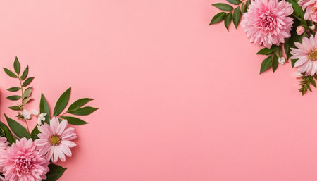 Flowers composition. Frame made of pink flowers and green leaves on pastel pink background. Flat lay, top view, copy spaceの素材