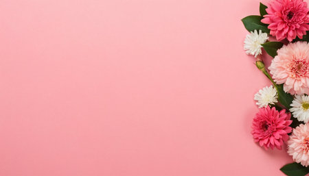 top view of pink and white dahlia flowers on pink backgroundの素材