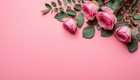 Pink roses and eucalyptus branches on pink background, flat layの素材