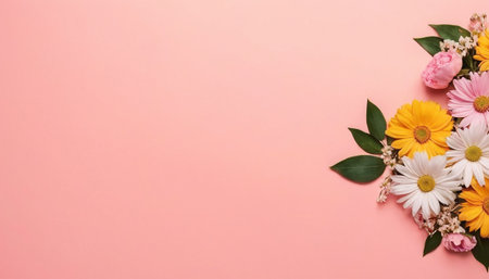 Flowers composition on pink background. Flat lay, top view, copy spaceの素材
