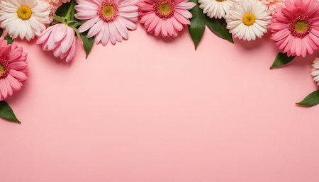 Flowers composition. Frame made of pink and white gerbera flowers on pastel pink background. Flat lay, top view, copy spaceの素材