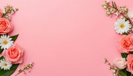 top view of pink roses and daisies on pink background with copy spaceの素材