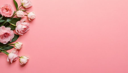 Pink and white flowers on pink background. Flat lay, top viewの素材
