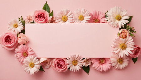 Flowers composition. Frame made of pink flowers on pastel pink background. Flat lay, top view, copy spaceの素材