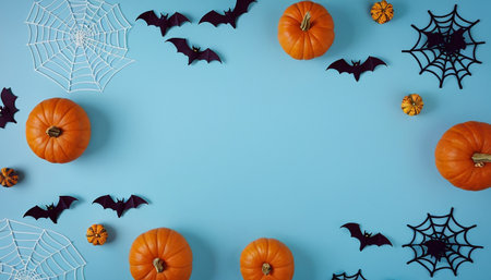 Halloween background with pumpkins, spiders and bats on blue backgroundの素材