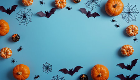 Halloween background with pumpkins, bats and spiders on blue backgroundの素材