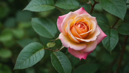 Beautiful pink rose with green leaves on a background of greeneryの素材