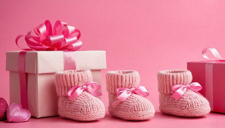 Pink knitted baby booties and gift box on pink background.の素材