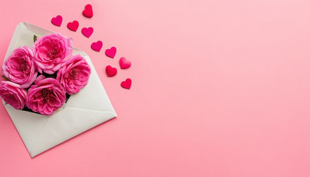 Valentine's day greeting card with envelope and flowers on pink backgroundの素材