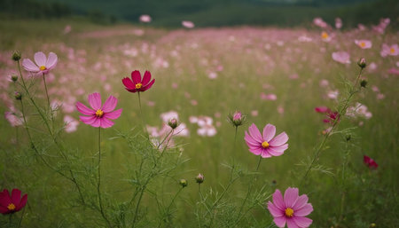 Cosmos flowers blooming in the meadow. Beautiful nature background.の素材